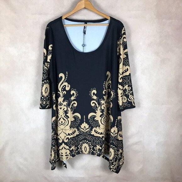 WHITE MARK 3/4 Sleeve Asymmetrical Black Printed Tunic NWT 1XL - Picture 3 of 8